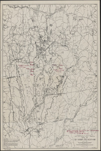 Map showing location of photographs of forest fire areas, fires of May 5, 1944 and April 12, 1945, overlaid on map, site of Quabbin Reservoir, Mass., July 1938, revised to May 1, 1941, annotated January 1950