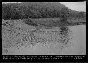 Swift River, flood photo, looking westerly towards intake of culvert, East Branch Baffle, Hardwick, Mass., 12:50 PM, Sept. 21, 1938