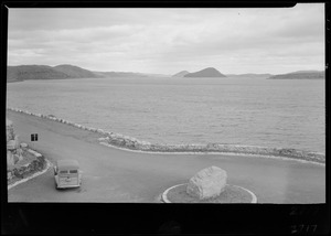 General view looking northerly from west end of Quabbin Dike, water elevation 519.10, Quabbin Reservoir, Mass., Oct. 3, 1945