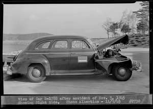 View of car S-1788 after accident of Nov. 3, 1945, showing right side, Quabbin Administration Complex, Belchertown, Mass., Nov. 9, 1945