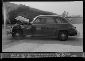 View of car S-1788 after accident of Nov. 3, 1945, showing left side, Quabbin Administration Complex, Belchertown, Mass., Nov. 9, 1945