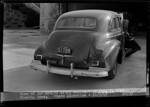 View of car S-1788 after accident of Nov. 3, 1945, showing rear, Quabbin Administration Complex, Belchertown, Mass., Nov. 9, 1945