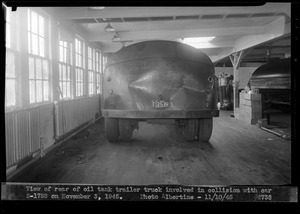 View of rear of oil tank trailer truck involved in collision with car S-1788 on Nov. 3, 1945, West Brookfield, Mass., Nov. 10, 1945