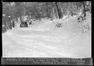 General view of West Ware-Bondsville Road showing scene of accident to car S-1795 on Dec. 21, 1945, looking northerly, Ware, Mass., Dec. 21, 1945