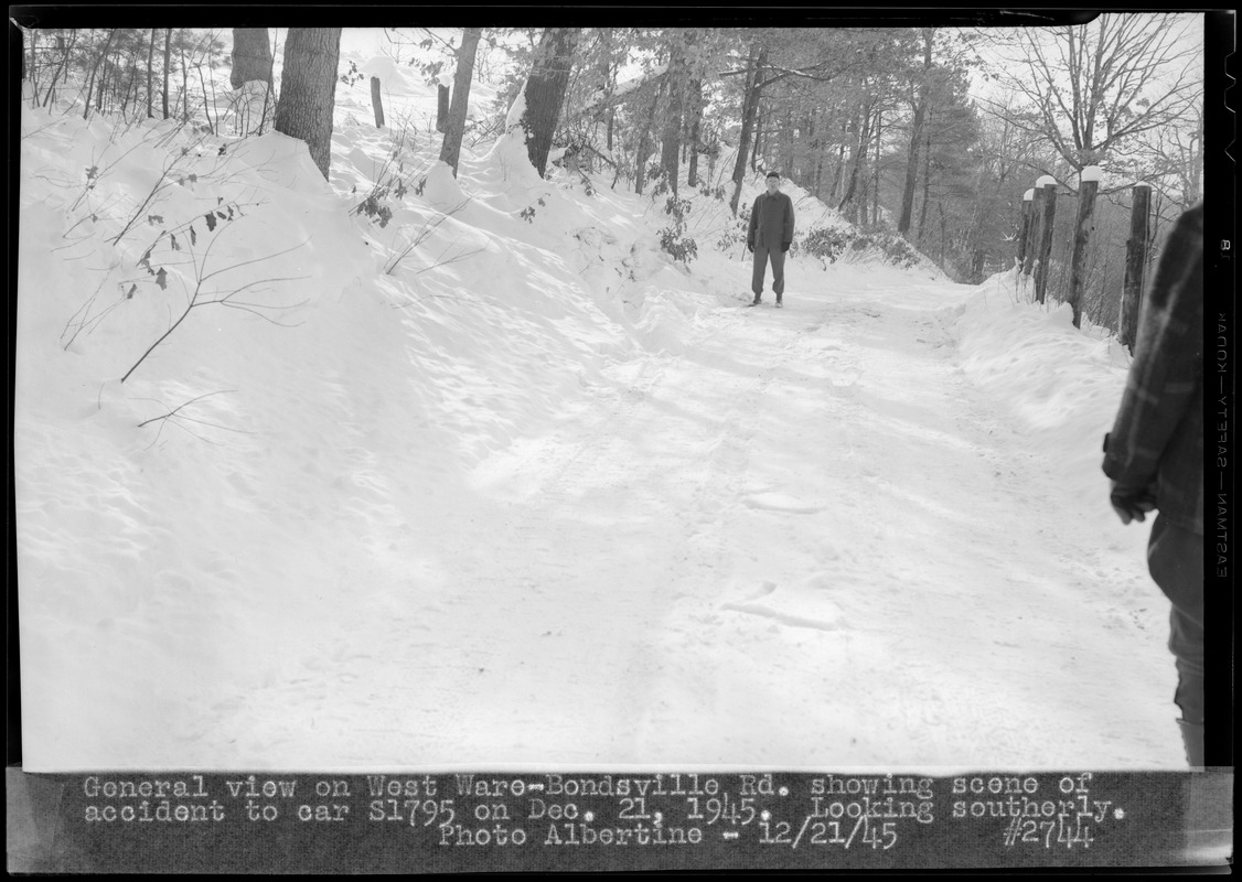 General view of West Ware-Bondsville Road showing scene of accident to car S-1795 on Dec. 21, 1945, looking southerly, Ware, Mass., Dec. 21, 1945