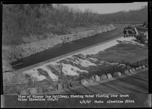View of Winsor Dam Spillway, showing water flowing over crest, water elevation 530.30, Quabbin Reservoir, Mass., Apr. 8, 1947