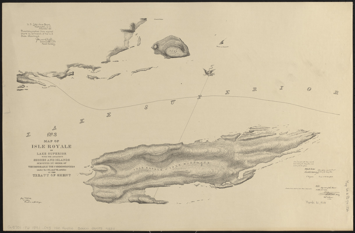 No. 3 Map of Isle Royale in Lake Superior with the adjacent shores and islands surveyed by order of the honorable the Commissioners under the 6th and 7th articles of the Treaty of Ghent
