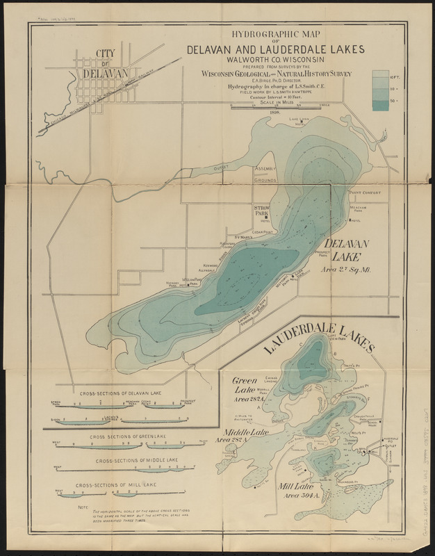 Hydrographic map of Delavan and Lauderdale Lakes Walworth Co. Wisconsin