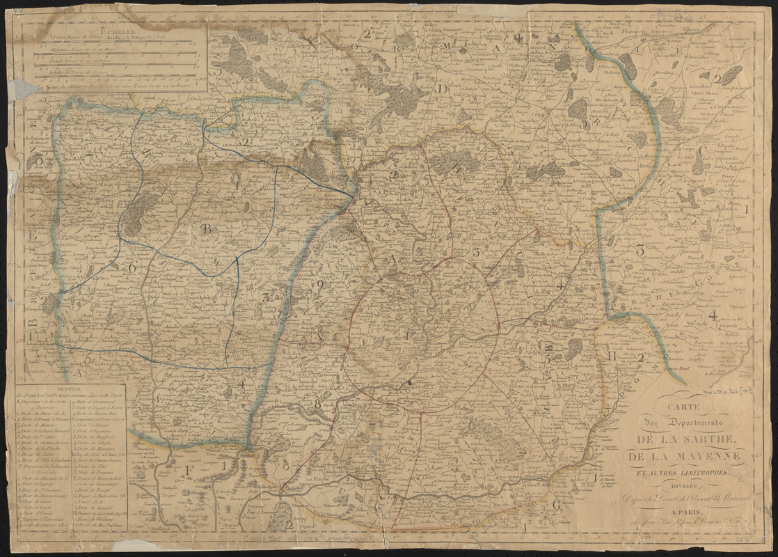 Carte des départements de La Sarthe, de La Mayenne et autres limitrophes, divisée d'apres les décrets de l'Assemblée Nationale