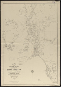 Plan of the southern portion of the province of South Australia as divided into counties and hundreds, showing agricultural areas, post towns, telegraph stations, main roads and railways