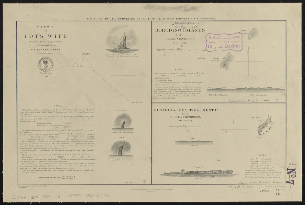Views of Lot's Wife, taken from Meares' Voyage and from the sketch-book of the U.S. Ship Vincennes, November 1854 ; Borodino Islands by the U.S. Ship Vincennes, October 1854 ; Rosario or Disappointment Id. by the U.S. Ship Vincennes, October 1854