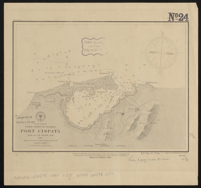 South America, United States of Colombia, Port Cispata, from an old Spanish plan, 1886