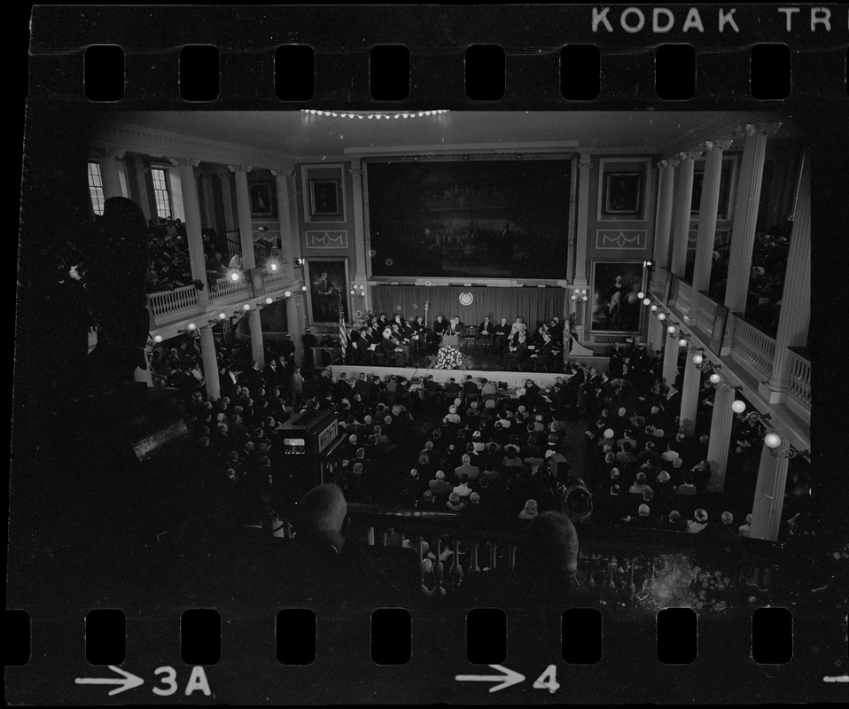 Boston Mayor Kevin White delivering inaugural address at Faneuil Hall