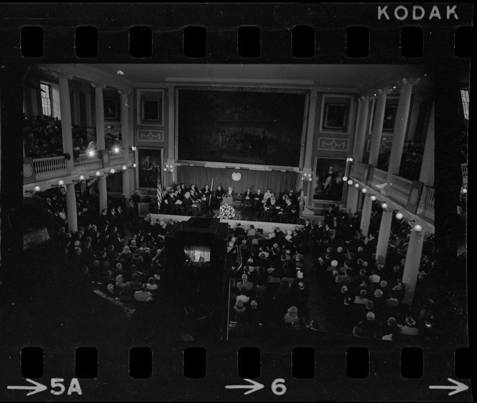 Boston Mayor Kevin White delivering inaugural address at Faneuil Hall