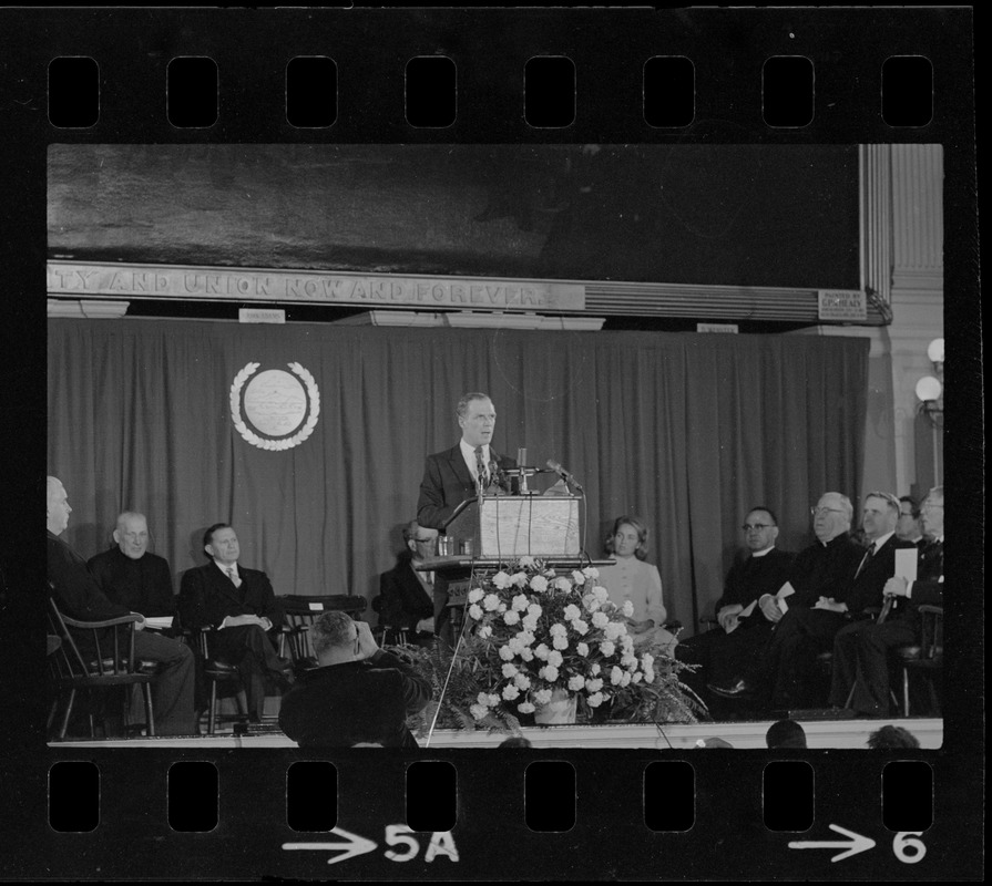 Boston Mayor Kevin White delivering inaugural address at Faneuil Hall