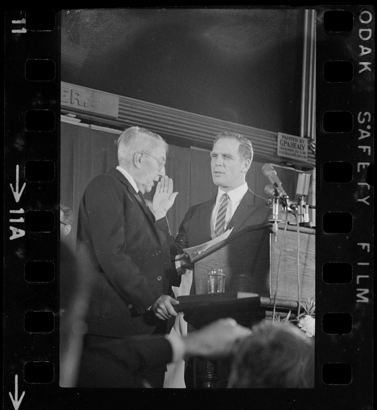 Kevin White being sworn in as mayor by Chief Justice Raymond Wilkins