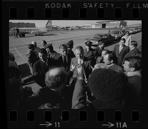 Vice President Agnew and Sen. Edward Brooke, left, who traveled with him, are welcomed to Boston by Gov. Sargent and newsmen