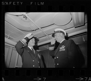 Rear Admiral Thomas R. McClellan and Rear Admiral Percival W. Jackson on day McClellan relieved Jackson as commander of Carrier Division 14
