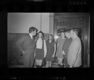Arthur Hurley, Susan Brennan, Janet Bellezia, Sara Potter and two unidentified men at Suffolk County Courthouse