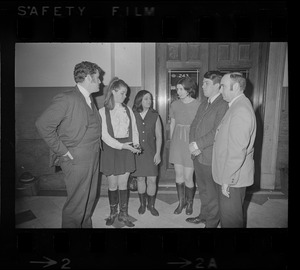 Arthur Hurley, Susan Brennan, Janet Bellezia, Sara Potter and two unidentified men at Suffolk County Courthouse