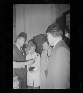 Massachusetts Teachers' Association executive secretary William Herbert, Woburn School Committee Chair Marilyn Finnerty, and Woburn City Solicitor Charles DiPanfilo at Suffolk County Courthouse