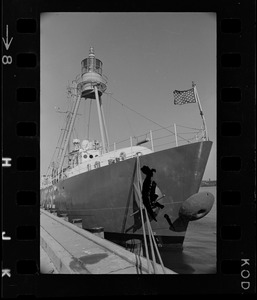 The Ambrose Lightship, for years a fixture at the entrance to New York Harbor, is moored at the Coast Guard base in Boston for refitting