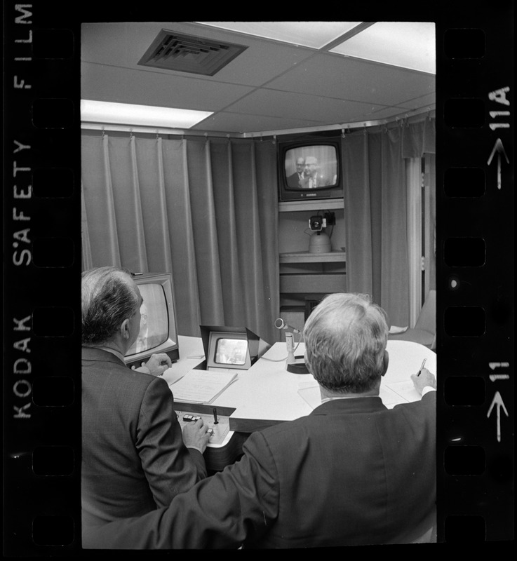 Dr. Kenneth T. Bird, project director at MGH, and project coordinator Dr. Thomas F. Dwyer talk to doctors at VA hospital in New Bedford via closed-circuit television