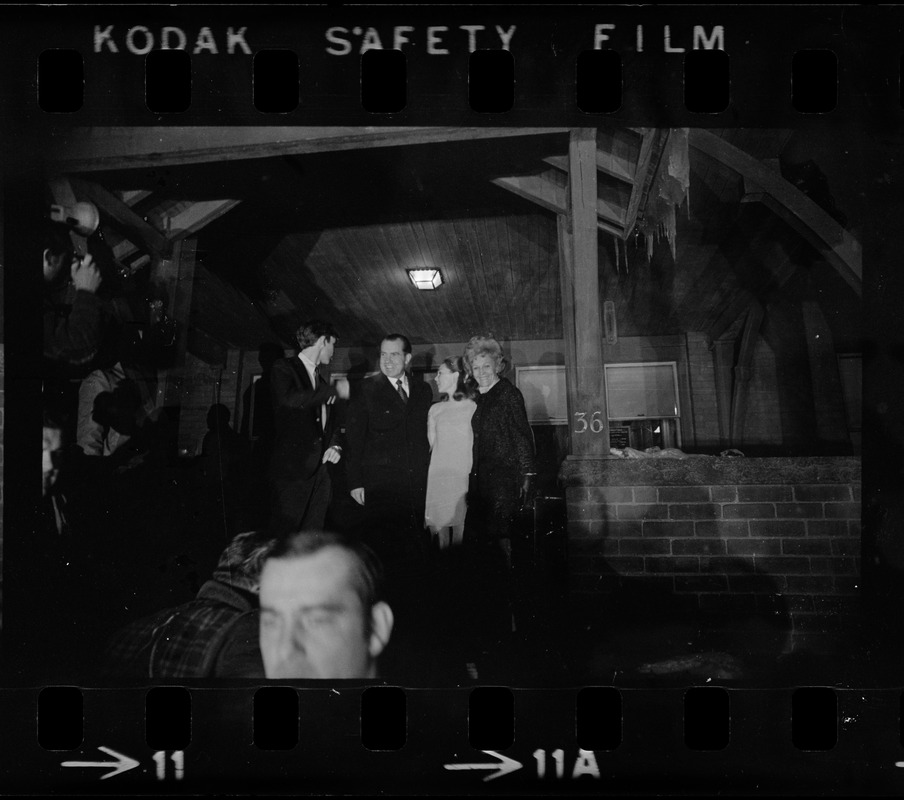 United States President Richard Nixon and Pat Nixon visiting daughter Julie's apartment in Northampton