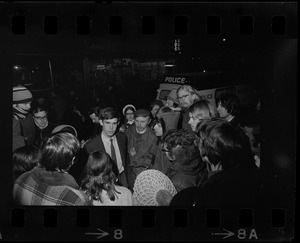 David Eisenhower speaks with protestors outside his house in Northampton after visit by President Nixon