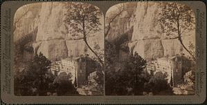 Megaspelaeon monastery, richest in all Greece, built into the rugged cliffs below Mt. Chelmos