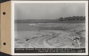 Contract No. 108, Utility Wharves, Quabbin Reservoir, Ware, looking ahead from Sta. 5+50, Ware, Mass., Sep. 28, 1940