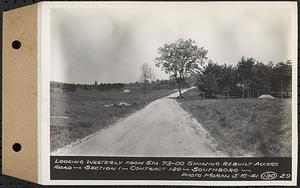 Contract No. 130, Grading, Loaming, and Grassing Vicinity of Shaft 4, Pressure Aqueduct, Southborough, and Improvement of Access Roads to the Intake Works and at Norumbega Reservoir, Marlborough, Southborough, Weston, looking westerly from Sta. 73+00 showing rebuilt access road, Section 1, Southborough, Mass., May 16, 1941