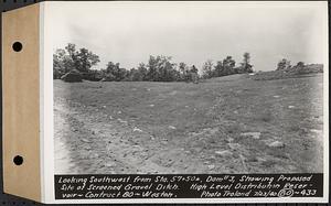 Contract No. 80, High Level Distribution Reservoir, Weston, looking southwest from Sta. 57+50+/-, dam 3, showing proposed site of screened gravel ditch, high level distribution reservoir, Weston, Mass., Jul. 23, 1940