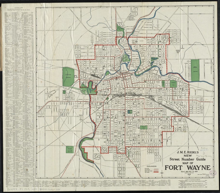 J.M.E. Riedel's new street number guide map of Fort Wayne