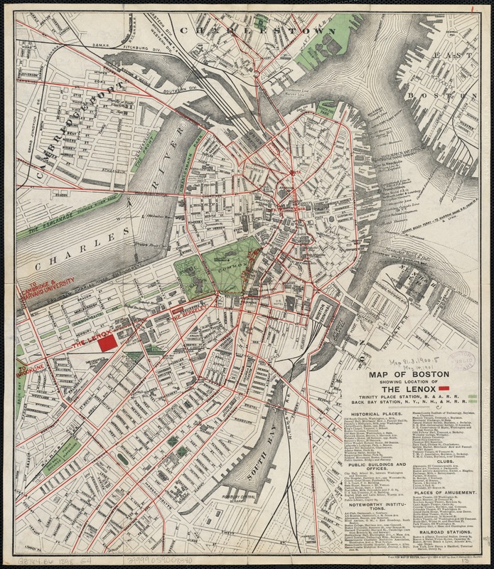 Map of Boston showing location of the Lenox