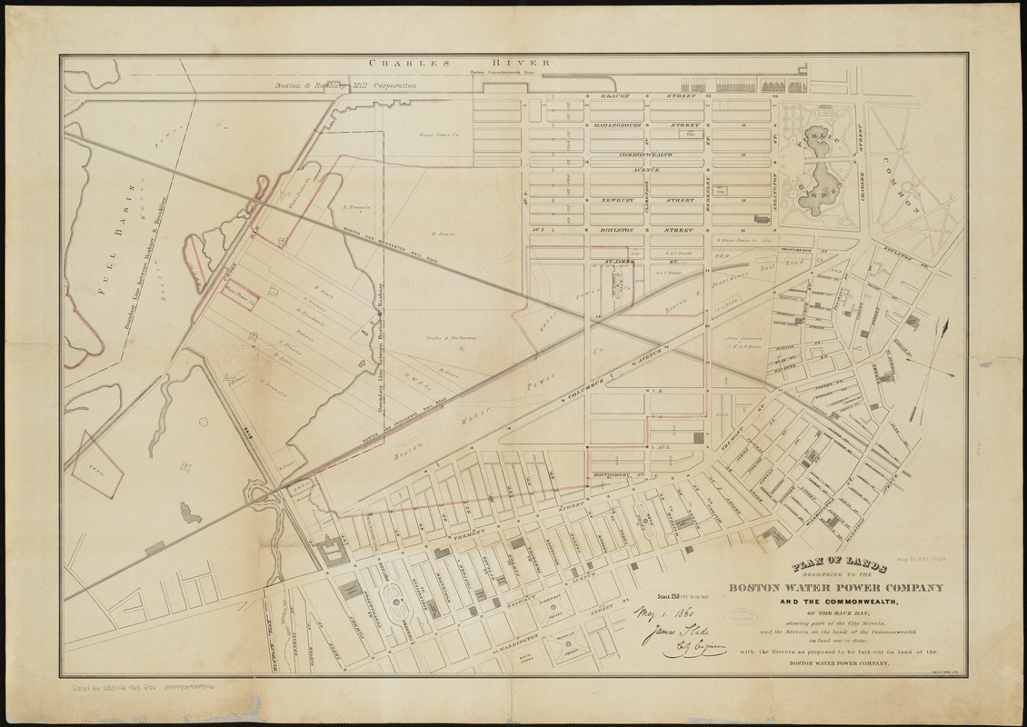 Plan of lands belonging to the Boston Water Power Company and the Commonwealth, on the Back Bay, showing part of the city streets, and the streets, on the land of the Commonwealth as laid out to date