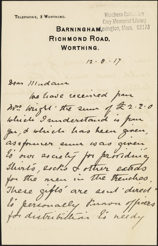 Letter of thanks from Worthing, England