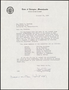 Letter from Hazel J. Murray, on behalf of the Selectmen, to Edwin B. Worthen, October 22, 1946