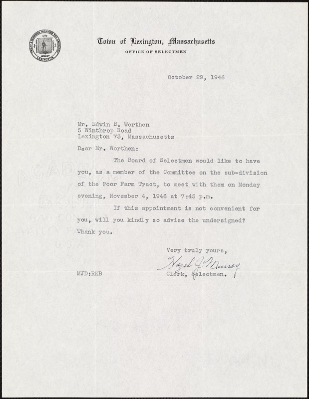 Letter from Hazel J. Murray, on behalf of the Selectmen, to Edwin B. Worthen, October 29, 1946