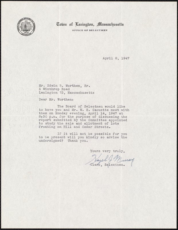 Letter from Hazel J. Murray, on behalf of the Selectmen, to Edwin B. Worthen, April 8, 1947