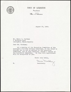 Letter from Elinor Moakley, on behalf of the Selectmen, to Edwin B. Worthen, August 20, 1940