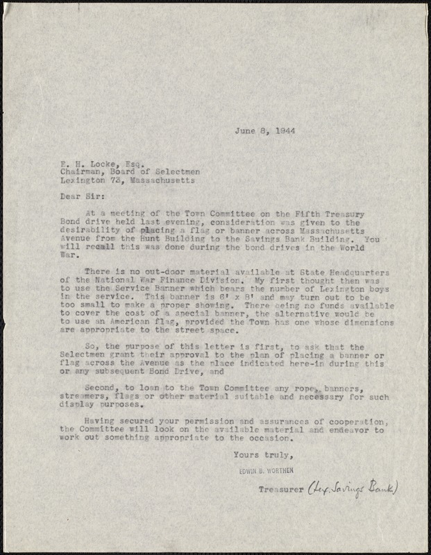 Letter from Edwin B. Worthen to Errol H. Locke, Chairman, Board of Selectmen, June 8, 1944