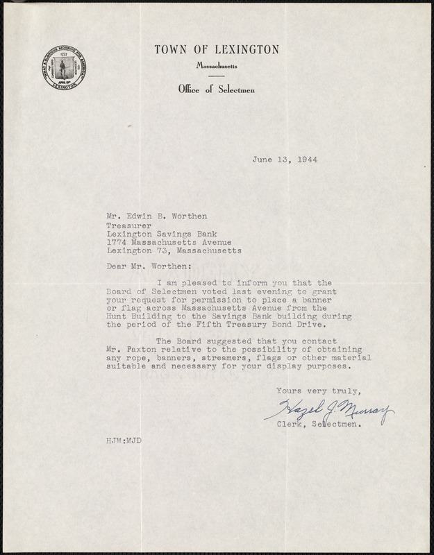 Letter from Hazel J. Murray, on behalf of the Selectmen, to Edwin B. Worthen, June 13, 1944