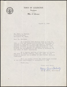 Letter from Mary Jean Doherty, on behalf of the Selectmen, to Edwin B. Worthen, August 3, 1944
