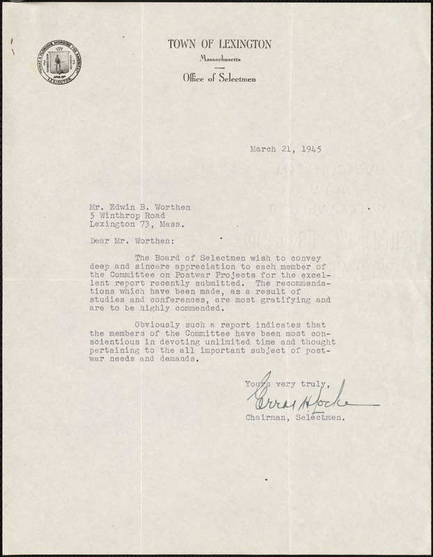 Letter from Errol H. Locke, Chairman, Selectmen, to Edwin B. Worthen, March 21, 1945