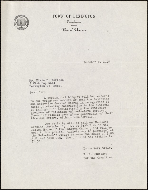 Letter from Theodore A. Custance to Edwin B. Worthen, October 8, 1945