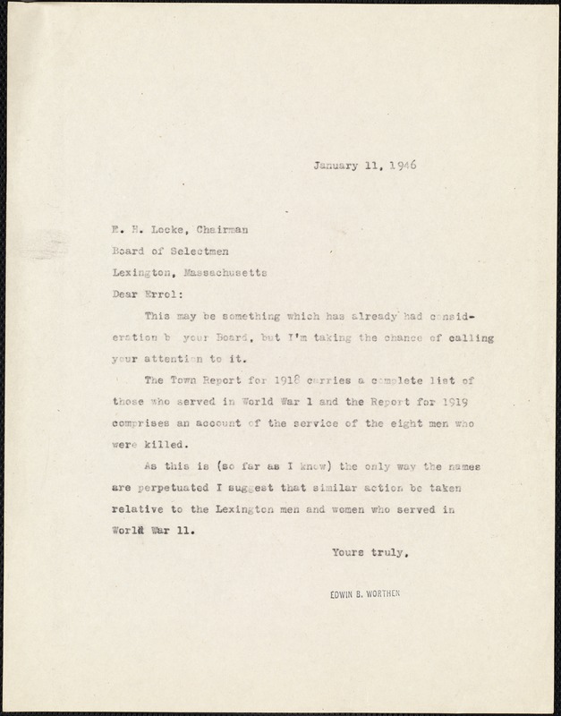 Letter from Edwin B. Worthen to Errol H. Locke, Board of Selectmen, January 11, 1946