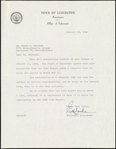 Letter from Errol H. Locke, Board of Selectmen, to Edwin B. Worthen, January 15, 1946