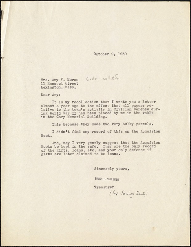 Letter to Amy E. Morse, Lexington Historical Society, from Edwin B. Worthen, October 9, 1950