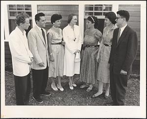 Madame Olga Koussevitsky [sic], the widow of the former conductor of the Boston Symphony Orchestra, gave a party at Tanglewood, Lenox, Mass., for the first students enrolled this year in the Berkshire Music Center, in Tanglewood